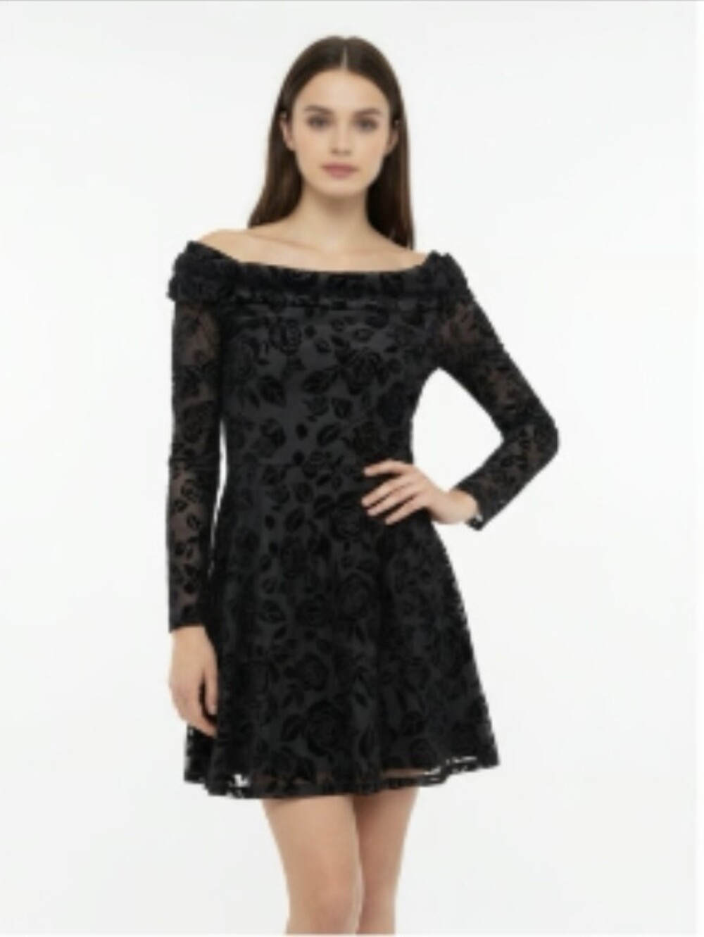 Black Rose Print A-Line Off Shoulder Dress